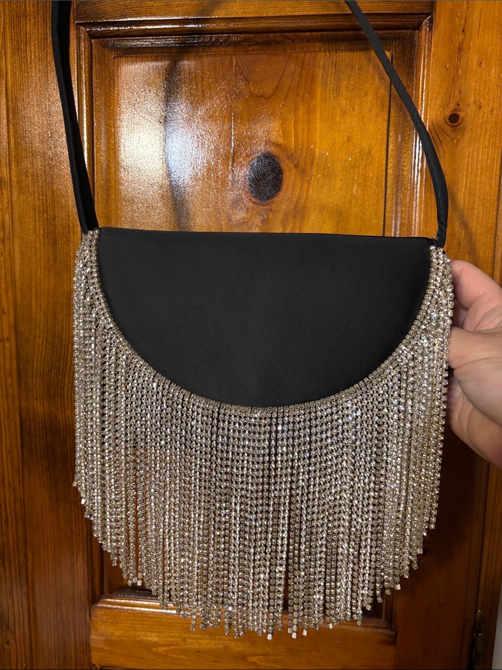 Forever 21 Black Fringe Evening Bag with Silver Crystal Trim 8X5 inches